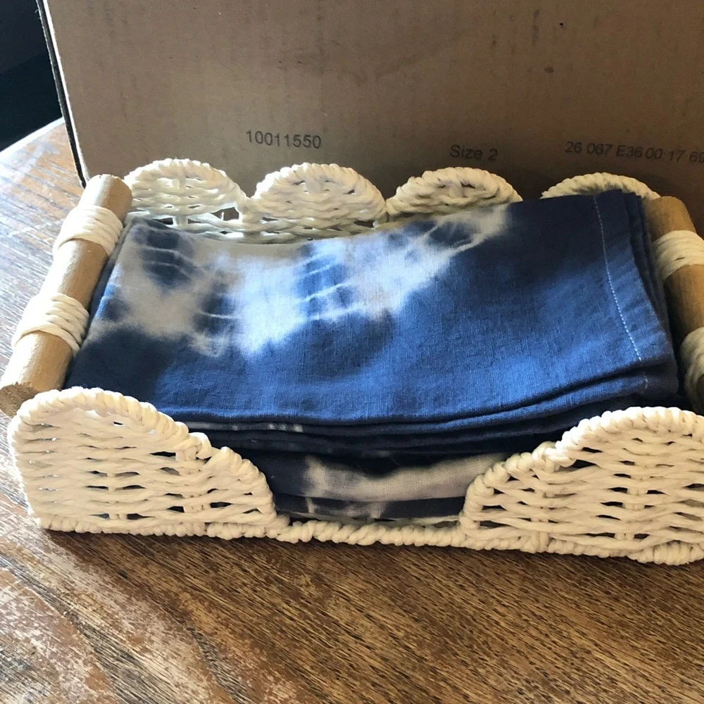 Blue Tie-Dye Cotton Napkins & White Wicker Napkin Holder set - Home Accents